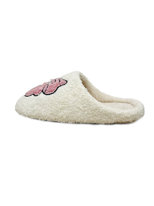 Bulk Slippers | Pink Bow Embroidery Fuzzy Slippers Unisex Winter Warm Indoor Home Shoes Wholesale