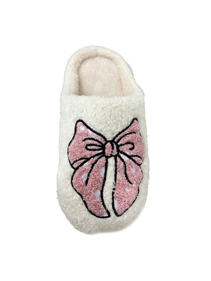 Bulk Slippers | Pink Bow Embroidery Fuzzy Slippers Unisex Winter Warm Indoor Home Shoes Wholesale