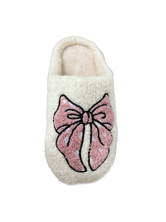Bulk Slippers | Pink Bow Embroidery Fuzzy Slippers Unisex Winter Warm Indoor Home Shoes Wholesale