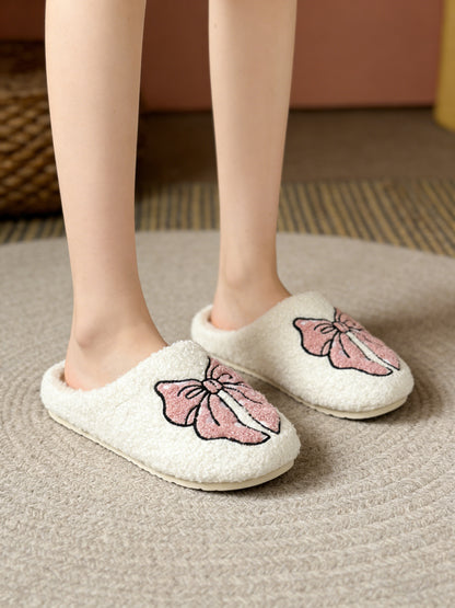 Bulk Slippers | Pink Bow Embroidery Fuzzy Slippers Unisex Winter Warm Indoor Home Shoes Wholesale