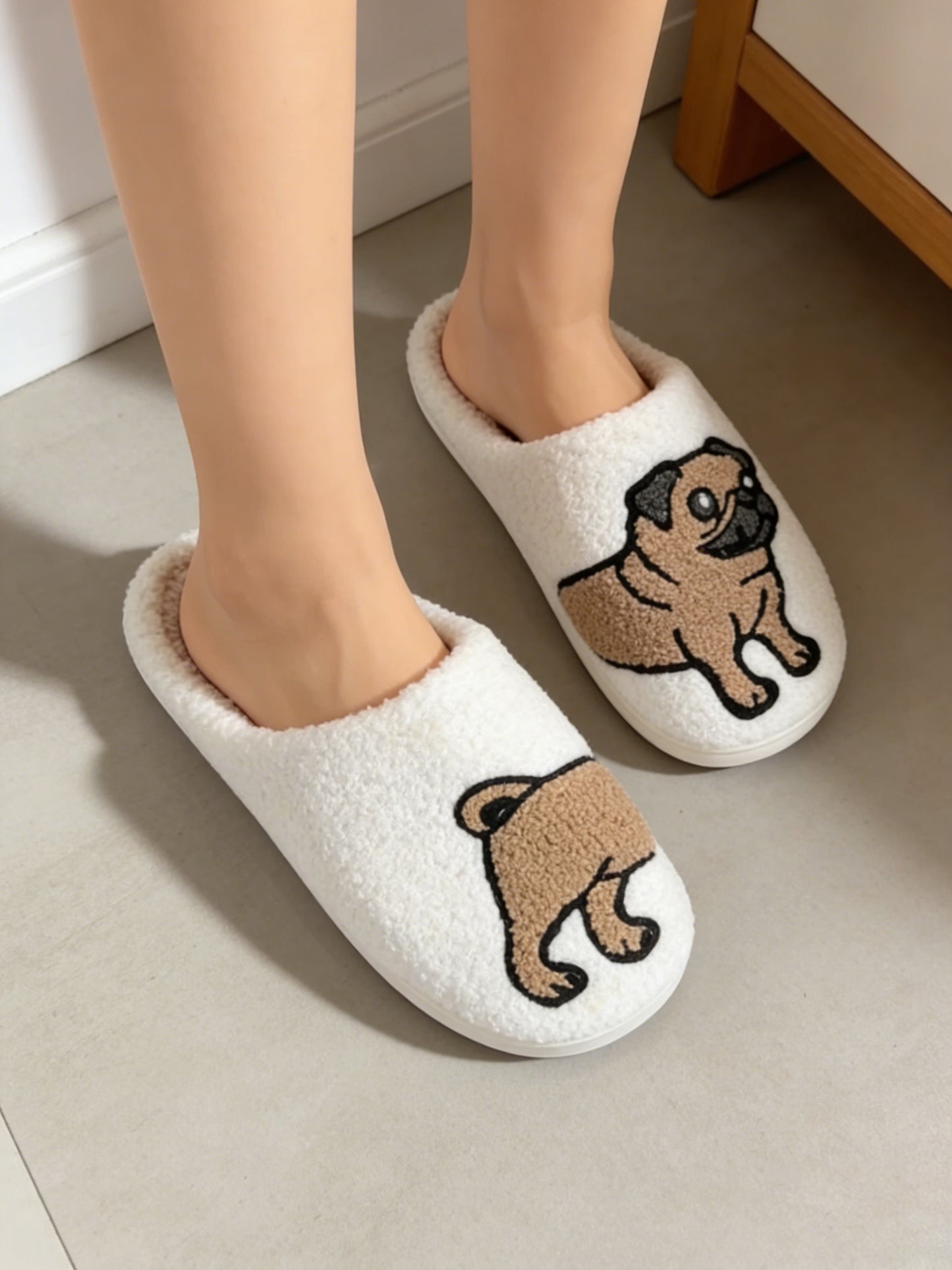Bulk Slippers | Soft Unisex Cute Pug Fuzzy Slippers Winter Warm Indoor Family Shoes Wholesale