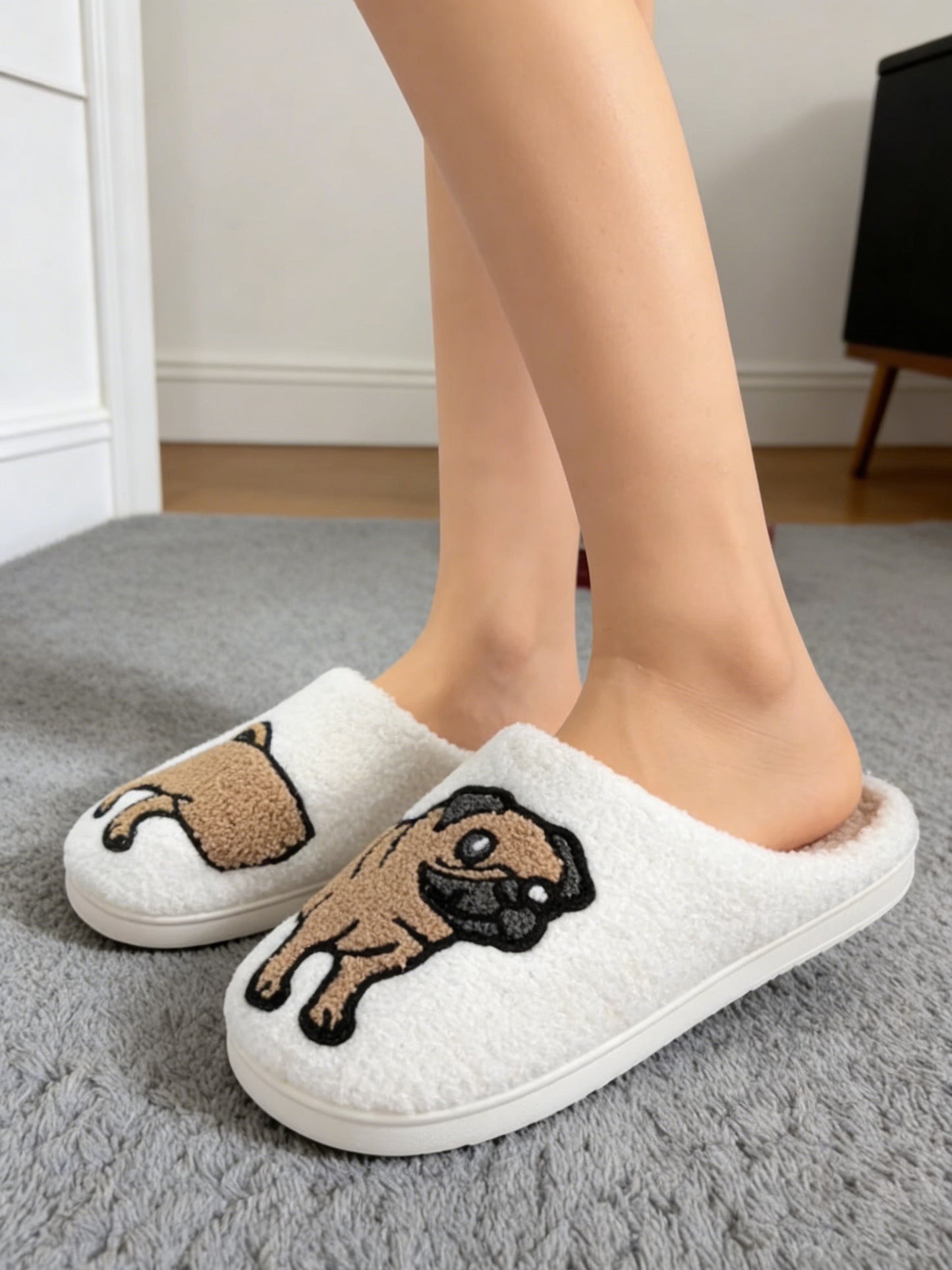 Bulk Slippers | Soft Unisex Cute Pug Fuzzy Slippers Winter Warm Indoor Family Shoes Wholesale