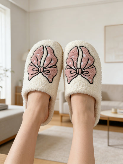 Bulk Slippers | Pink Bow Embroidery Fuzzy Slippers Unisex Winter Warm Indoor Home Shoes Wholesale