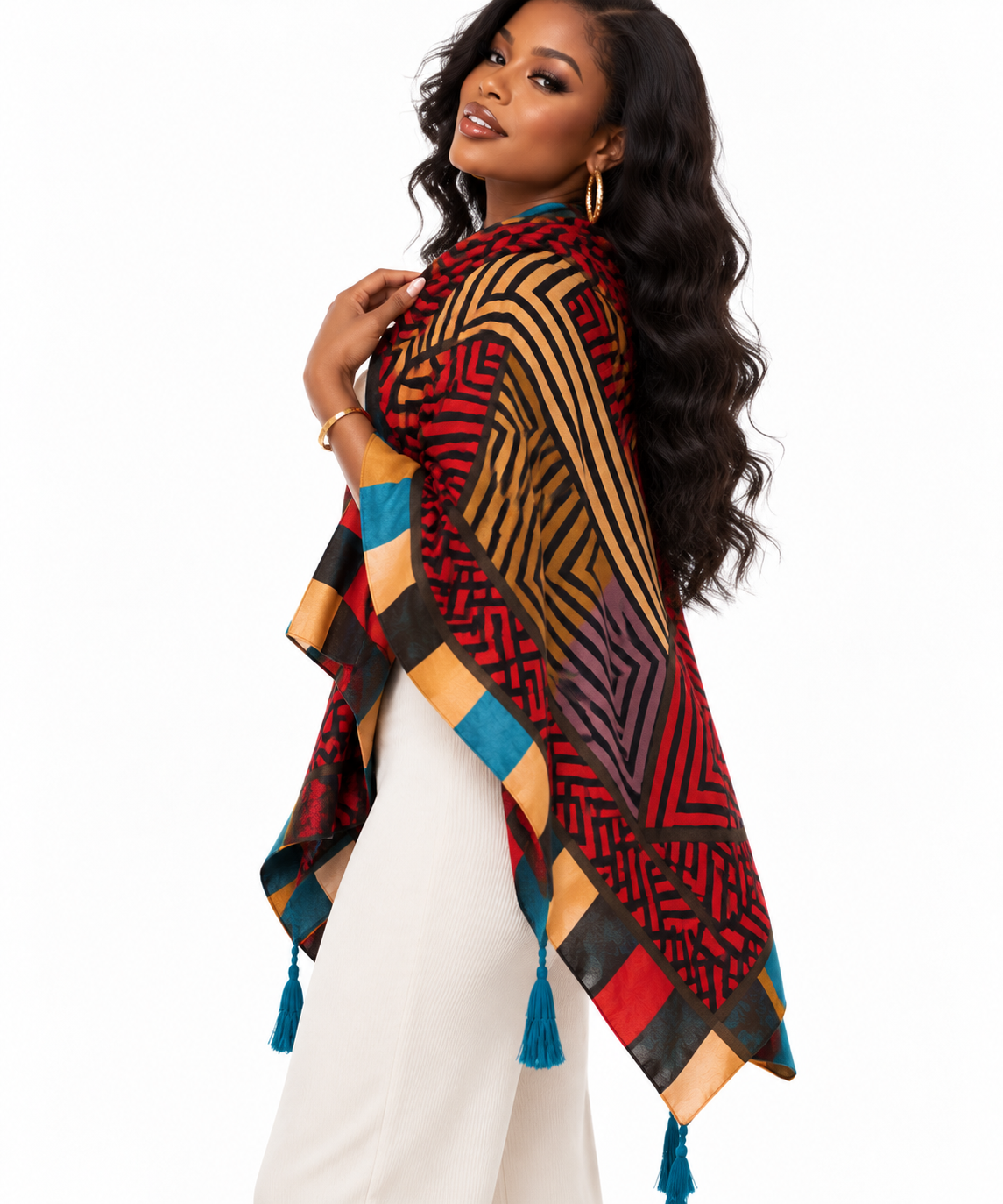 Women Boho Ethnic Cotton Linen Scarf, Geometric Pattern Tassel Fringe Large Shawl for Travel Daily