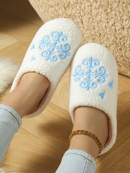 Bulk Slippers | Soft Unisex Blue Snowflake Fuzzy Slippers Winter Warm Indoor Family Shoes Wholesale