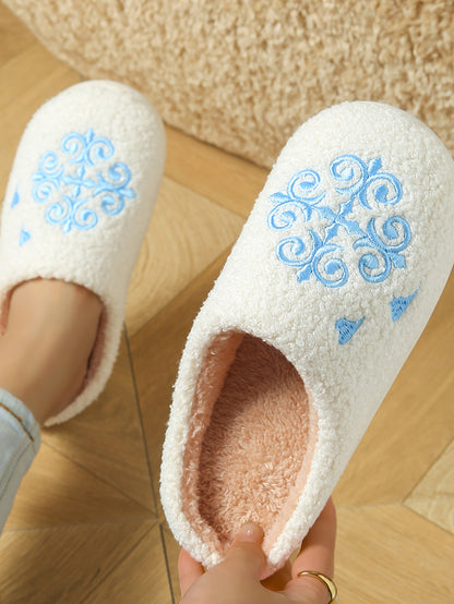 Bulk Slippers | Soft Unisex Blue Snowflake Fuzzy Slippers Winter Warm Indoor Family Shoes Wholesale