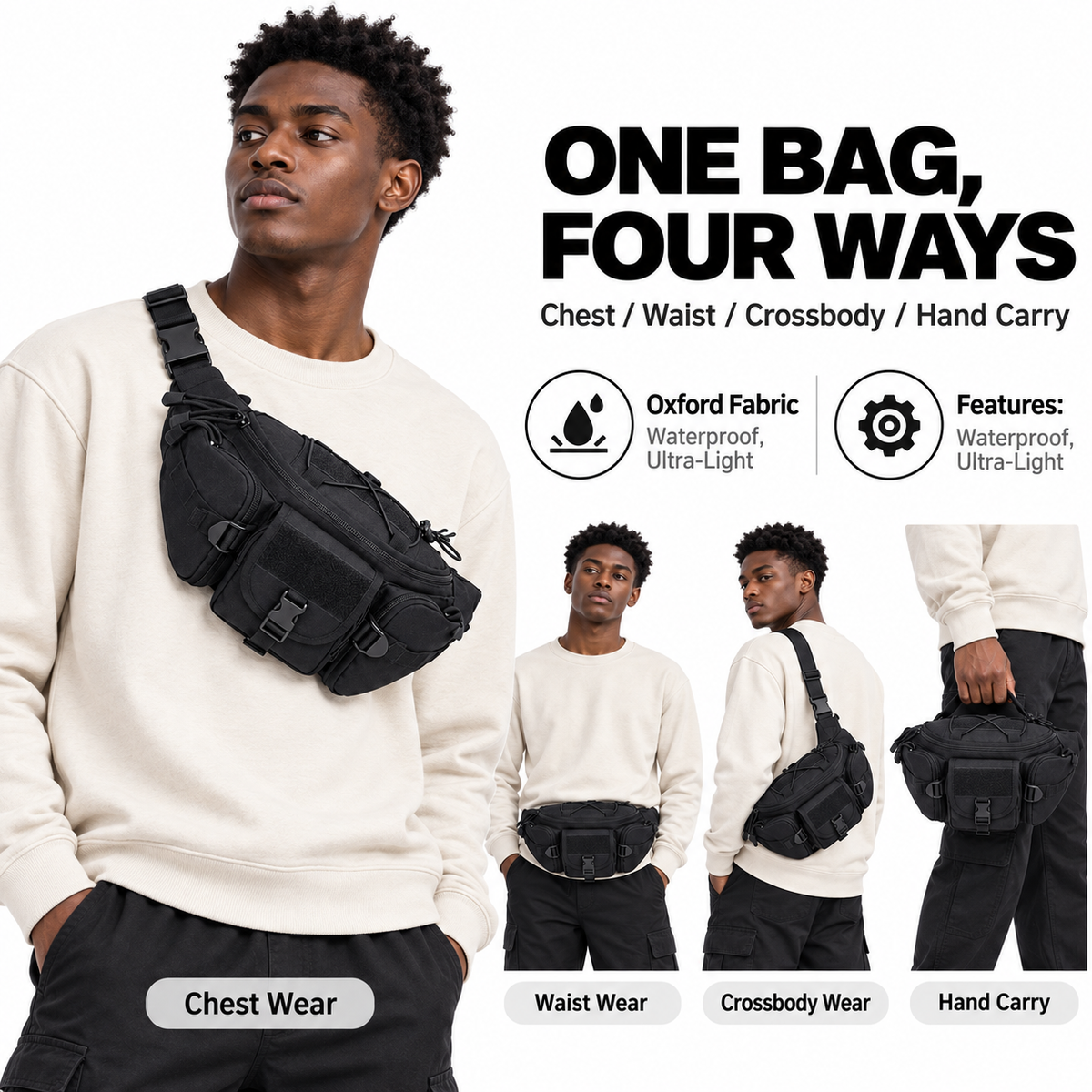 Durable Tactical Chest Waist Bag, Adjustable Strap Outdoor Travel Fanny Pack for Men & Women