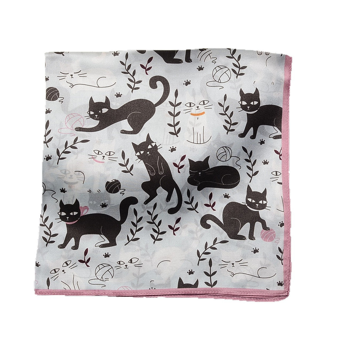 Women Cartoon Kitten Printed Small Square Scarf, Soft Thin Decorative Neck Hair Bandana Scarf