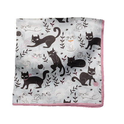 Women Cartoon Kitten Printed Small Square Scarf, Soft Thin Decorative Neck Hair Bandana Scarf