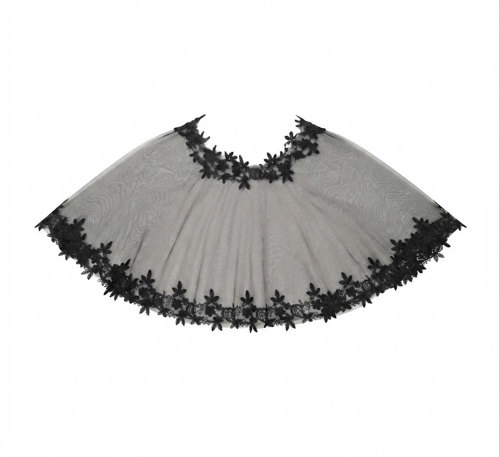 Black Floral Lace Sheer Tulle Cape Shawl | Lightweight Transparent Evening Party Cover Up for Formal Occasions