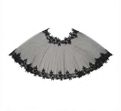 Black Floral Lace Sheer Tulle Cape Shawl | Lightweight Transparent Evening Party Cover Up for Formal Occasions