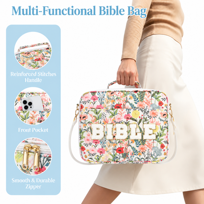 Dustproof Waterproof Portable Bible Carrying Case, Floral Bible Organizer Bag with Handle & Strap