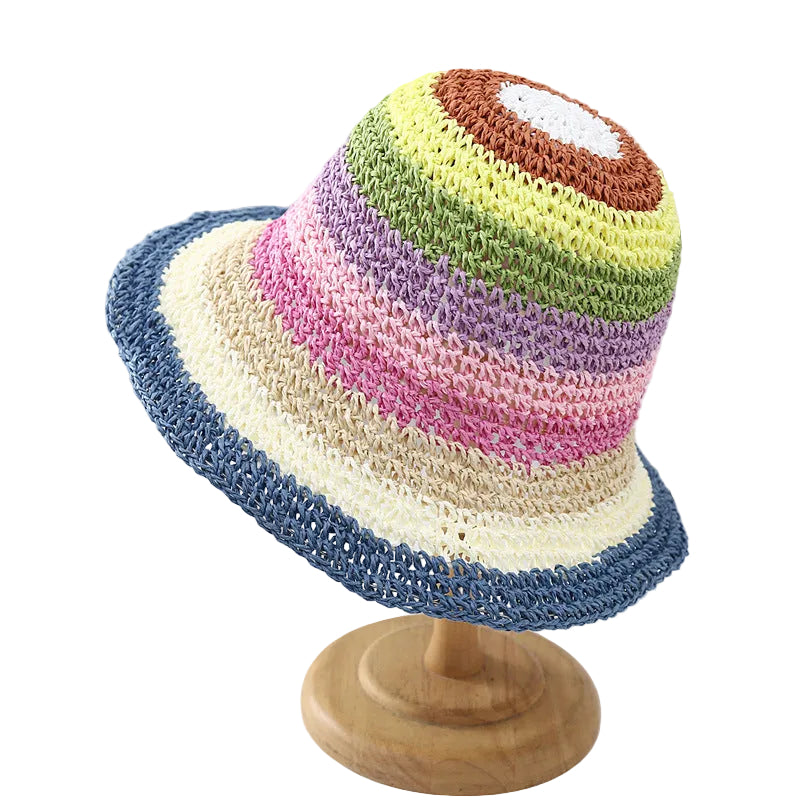 Rainbow Crochet Straw Bucket Hat, Colorful Striped Wide Brim Sun Hat