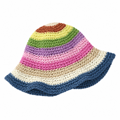Rainbow Crochet Straw Bucket Hat, Colorful Striped Wide Brim Sun Hat