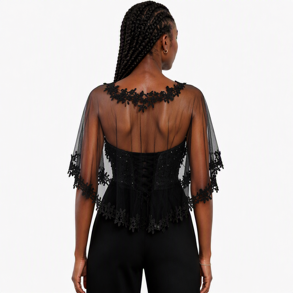 Black Floral Lace Sheer Tulle Cape Shawl | Lightweight Transparent Evening Party Cover Up for Formal Occasions