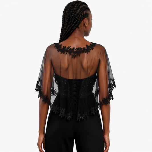 Black Floral Lace Sheer Tulle Cape Shawl | Lightweight Transparent Evening Party Cover Up for Formal Occasions