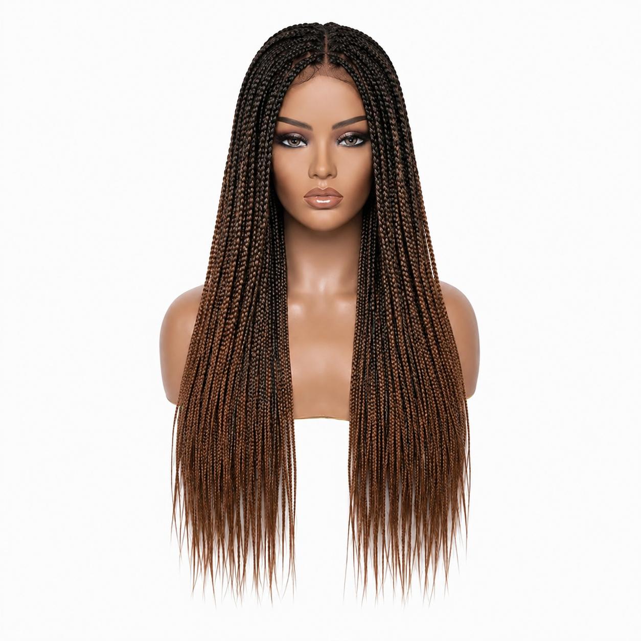 Pure Hand‑Braided Long Box Braid Wig, Ombre Gradient Three‑Strand Crochet Braid Full‑Head Wig