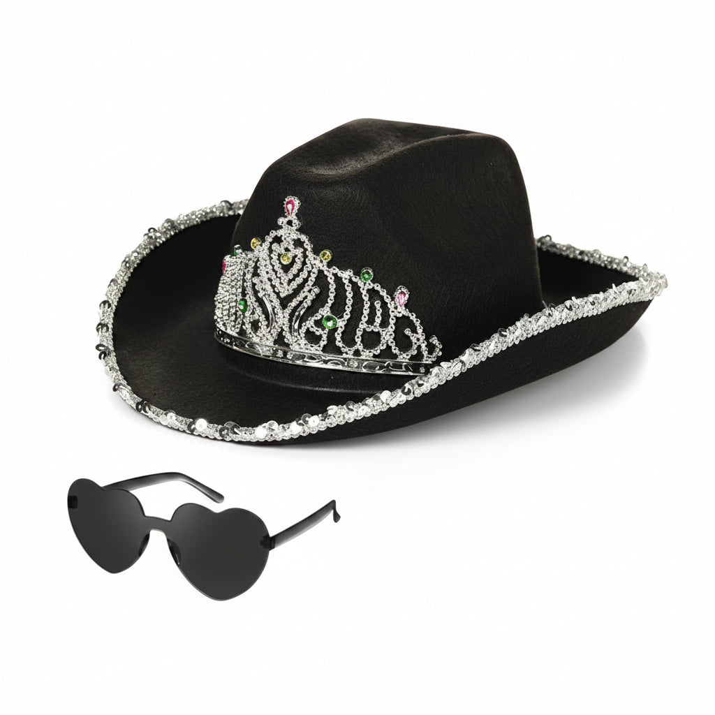 Black Rhinestone Crown Western Cowboy Party Hat, Bonus Heart‑Shaped Sunglasses Included