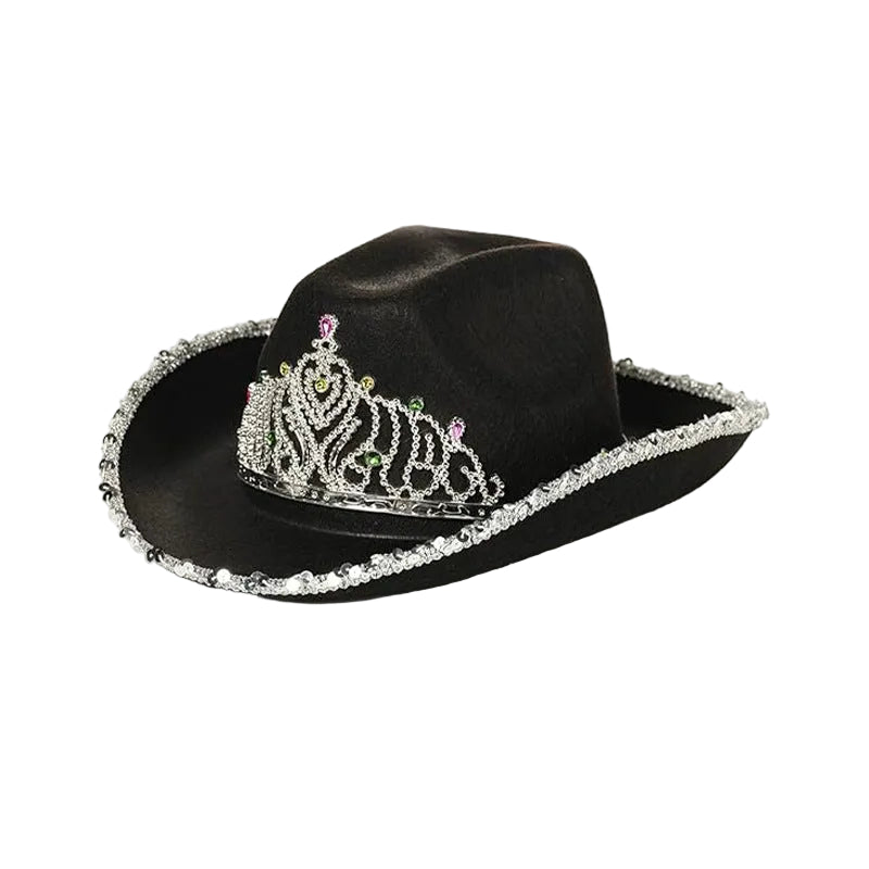 Black Rhinestone Crown Western Cowboy Party Hat, Bonus Heart‑Shaped Sunglasses Included