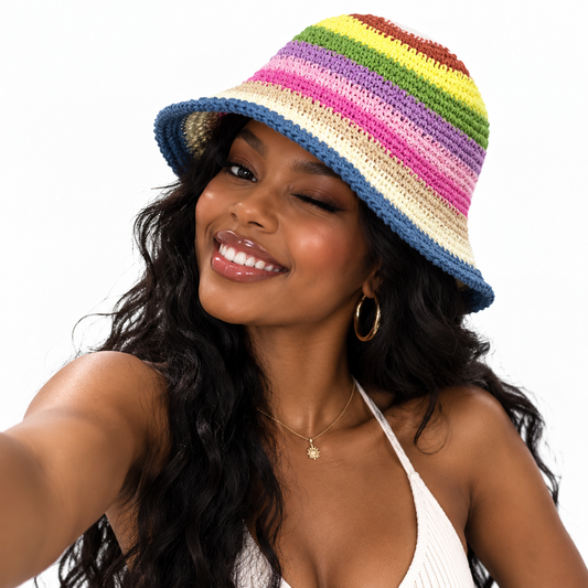 Rainbow Crochet Straw Bucket Hat, Colorful Striped Wide Brim Sun Hat