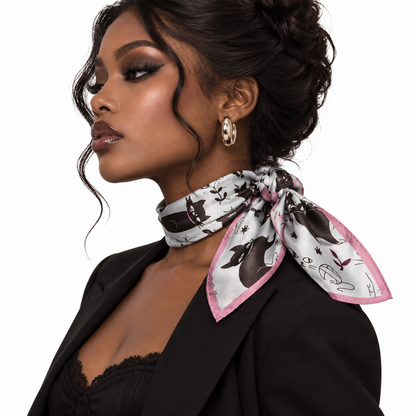 Women Cartoon Kitten Printed Small Square Scarf, Soft Thin Decorative Neck Hair Bandana Scarf