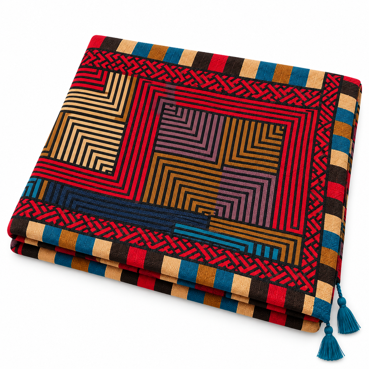 Women Boho Ethnic Cotton Linen Scarf, Geometric Pattern Tassel Fringe Large Shawl for Travel Daily