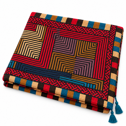 Women Boho Ethnic Cotton Linen Scarf, Geometric Pattern Tassel Fringe Large Shawl for Travel Daily